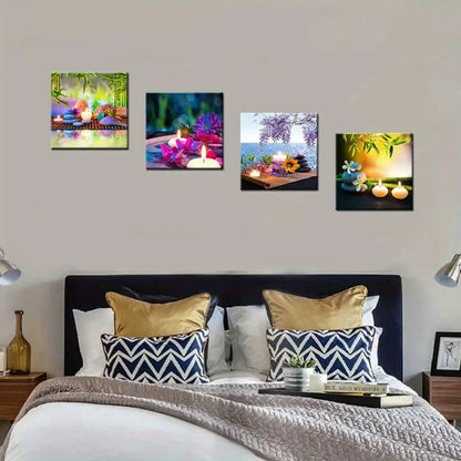 4pcs Bamboo, for Lotus & Candle Design   Wall Art Canvas Framed - Bella Home Decor
