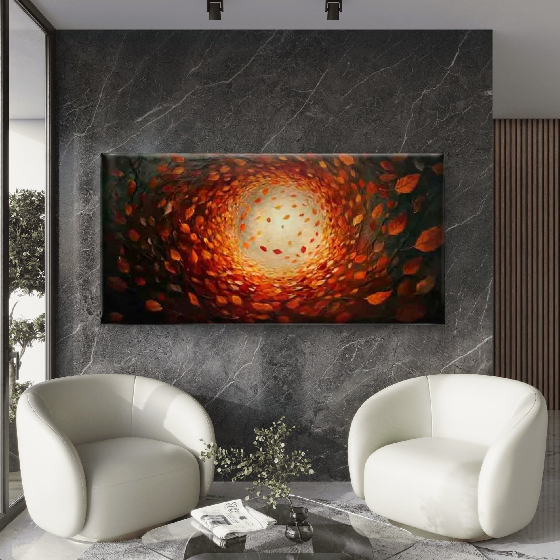 Autumn Leaves in a Spiral Wall Art Canvas Office Home Room Framed 120x60cm - Bella Home Decor