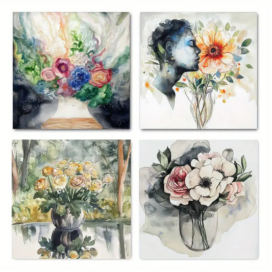 4pcs Vintage White Flower Printi Wall Art Canvas Framed