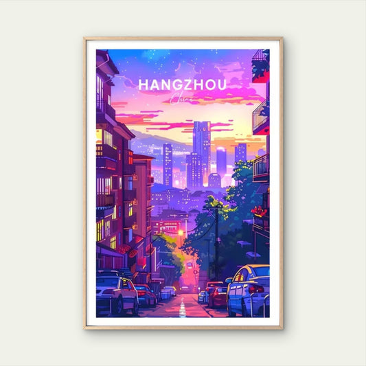 Hangzhou China Vertical Night Skyline Travel Poster Print Wall Art