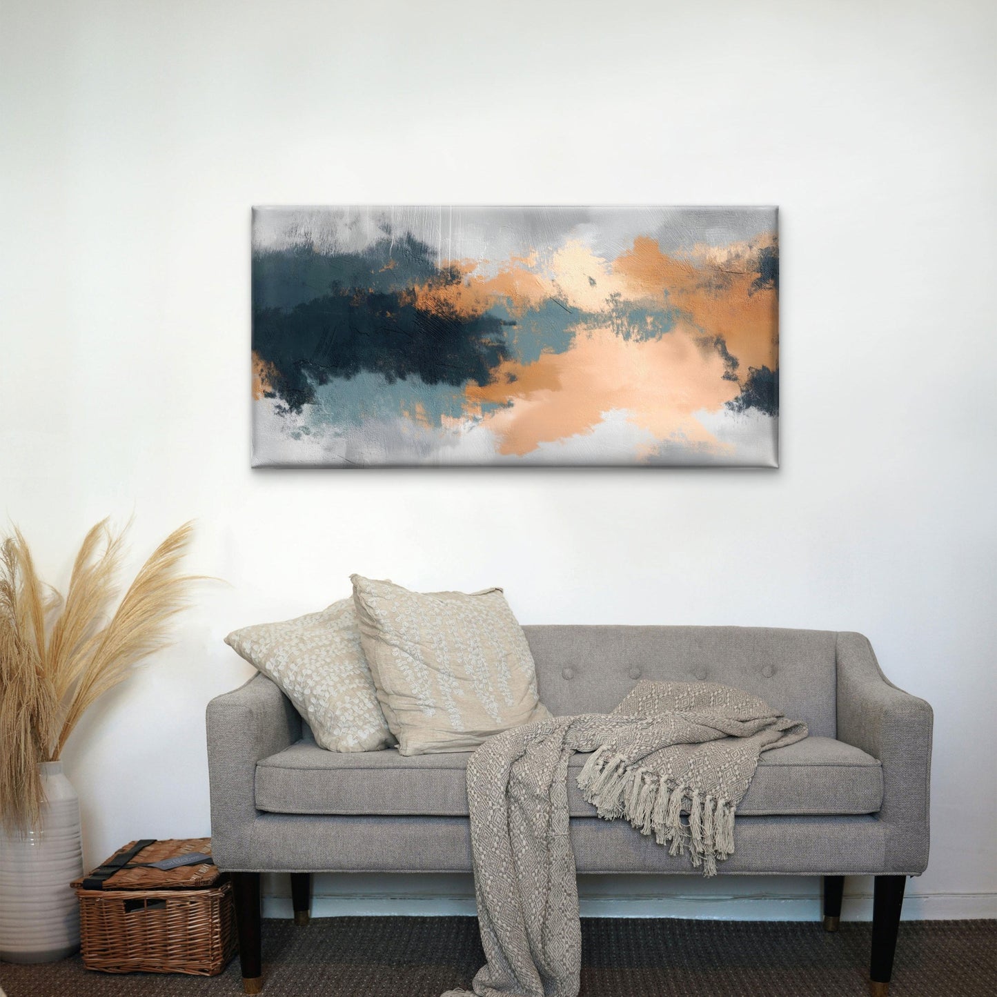 Abstract Navy Orange Brush Stroke Wall Art Canvas Office Home Framed 120x60cm