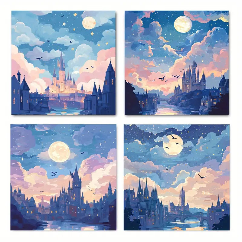 4pcs Full Moon & Starry Skies,Wall Art Canvas Framed