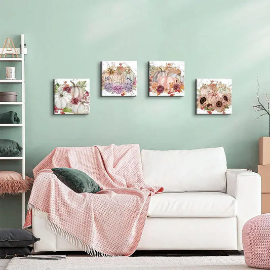 4pcs Rustic Farmhouse-Style Pumpkin & Sunflower Wall Art Canvas Framed