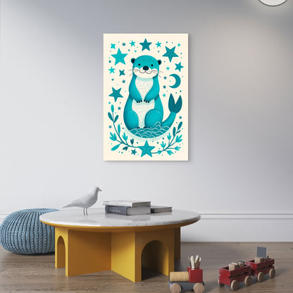 Cute Teal Sea Otter Moon Stars 5mm thick Plastic Poster Ready to Hang 90x60cm