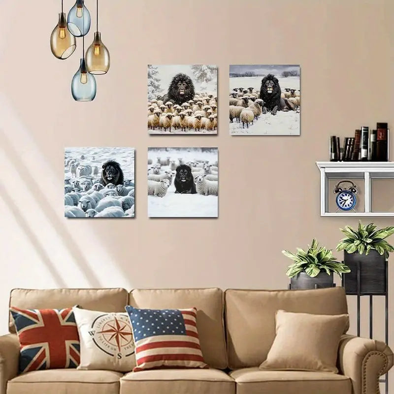 4pcs Winter Scenes With Lion & Sheep Contrast Wall Art Canvas Framed - Bella Home Decor