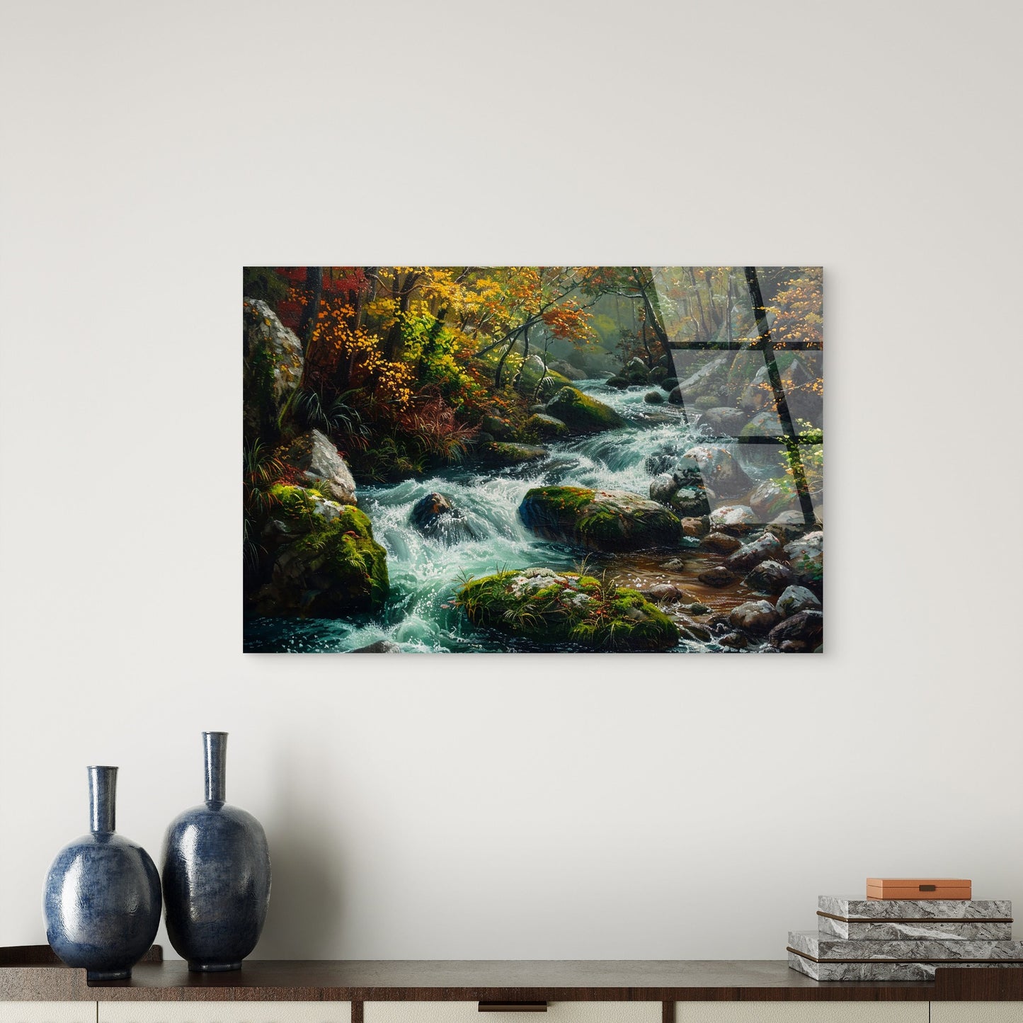 Scenic Forest River Flowing Over Mossy Rocks Nature Landscape Acrylic Glass Printing Wall Art Australian Made Quality