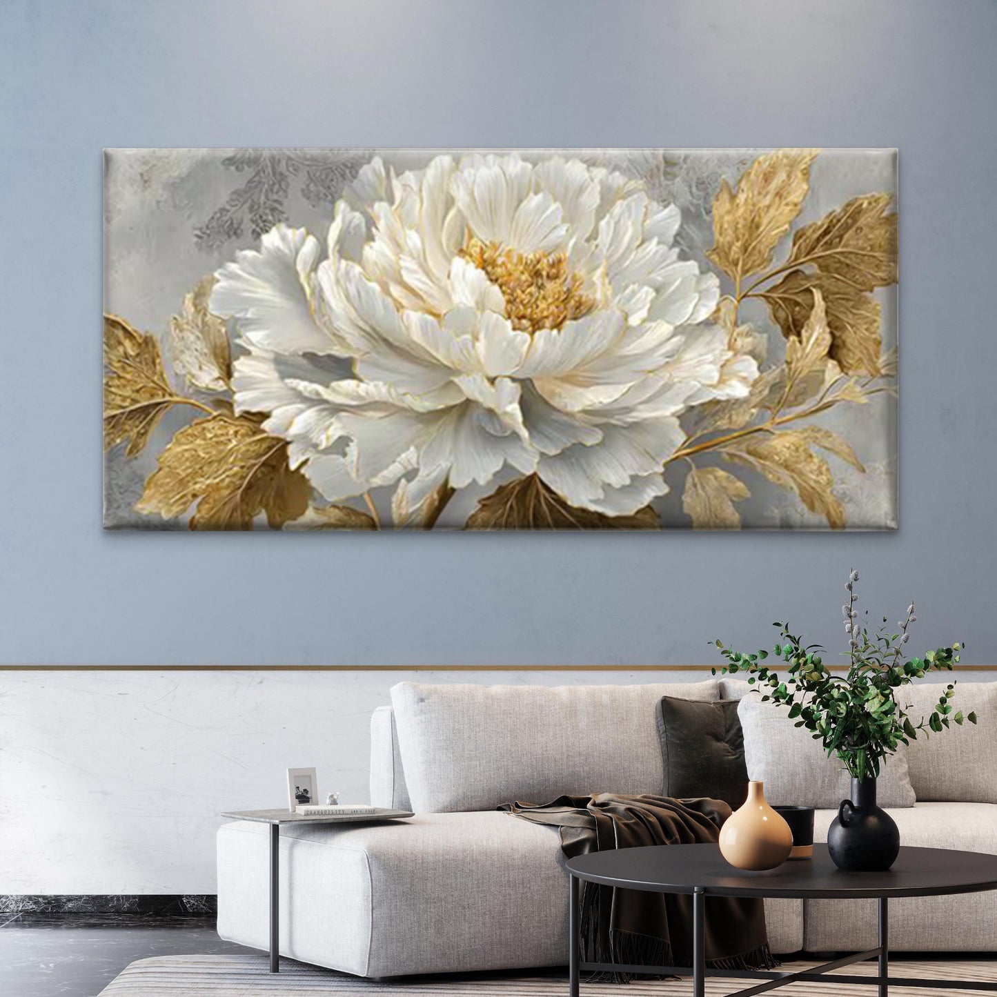 White & Golden Floral Wall Art Canvas Office Home Room Framed 120x60cm