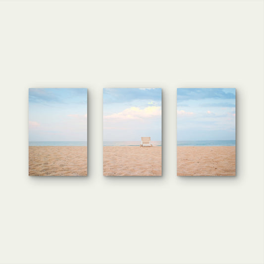 3pcs Coastal Beach Sand Ocean Chair  Wall Art Set Canvas Framed 50x70cm - High Quality Print 100% Australian Made Wall Canvas Ready to Hang