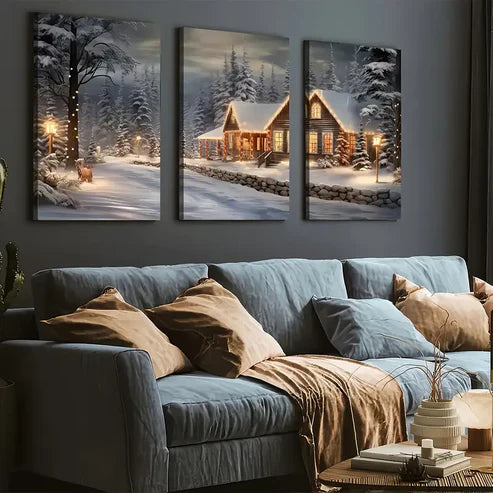 3pcs Modern Forest Igloo Landscape Art Winter Wall Art Set Canvas Unframed - High Quality Print 100% Australian Made Wall Canvas