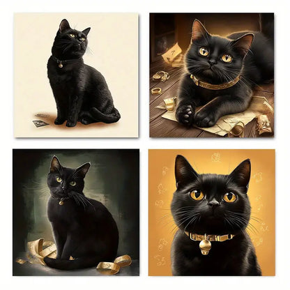 4pcs Black Lucky Cat Canvas Art Prints Wall Art Canvas Framed