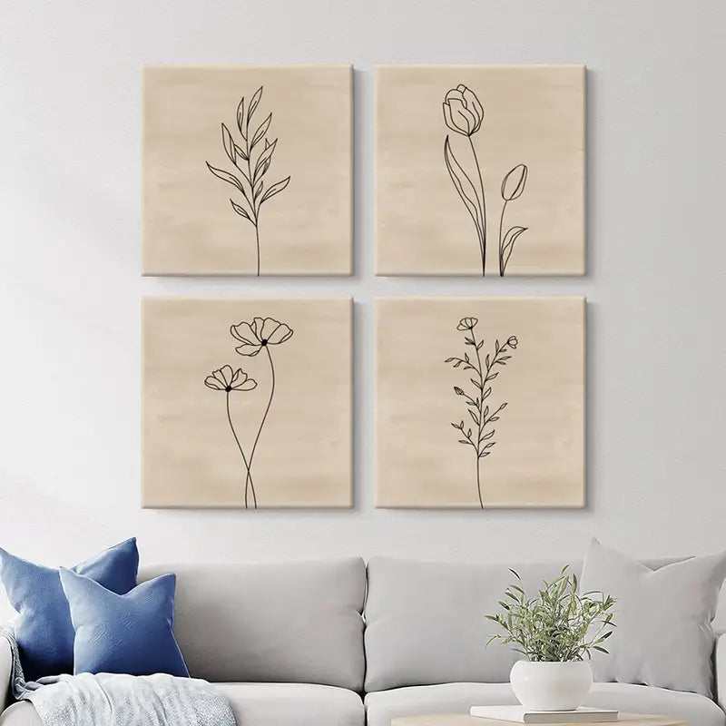 4pcs Floral Line Tulip & Botanical FL Wall Art Canvas Framed