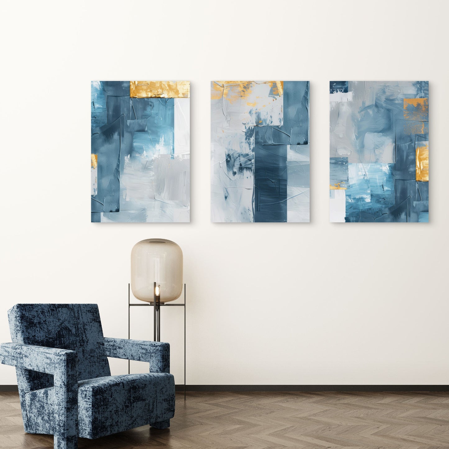 3pcs Teal Blue Gold Textured Abstract Modern  Wall Art Set Canvas Framed 40x60cm - High Quality Print 100% Australian Made Wall Canvas Ready to Hang