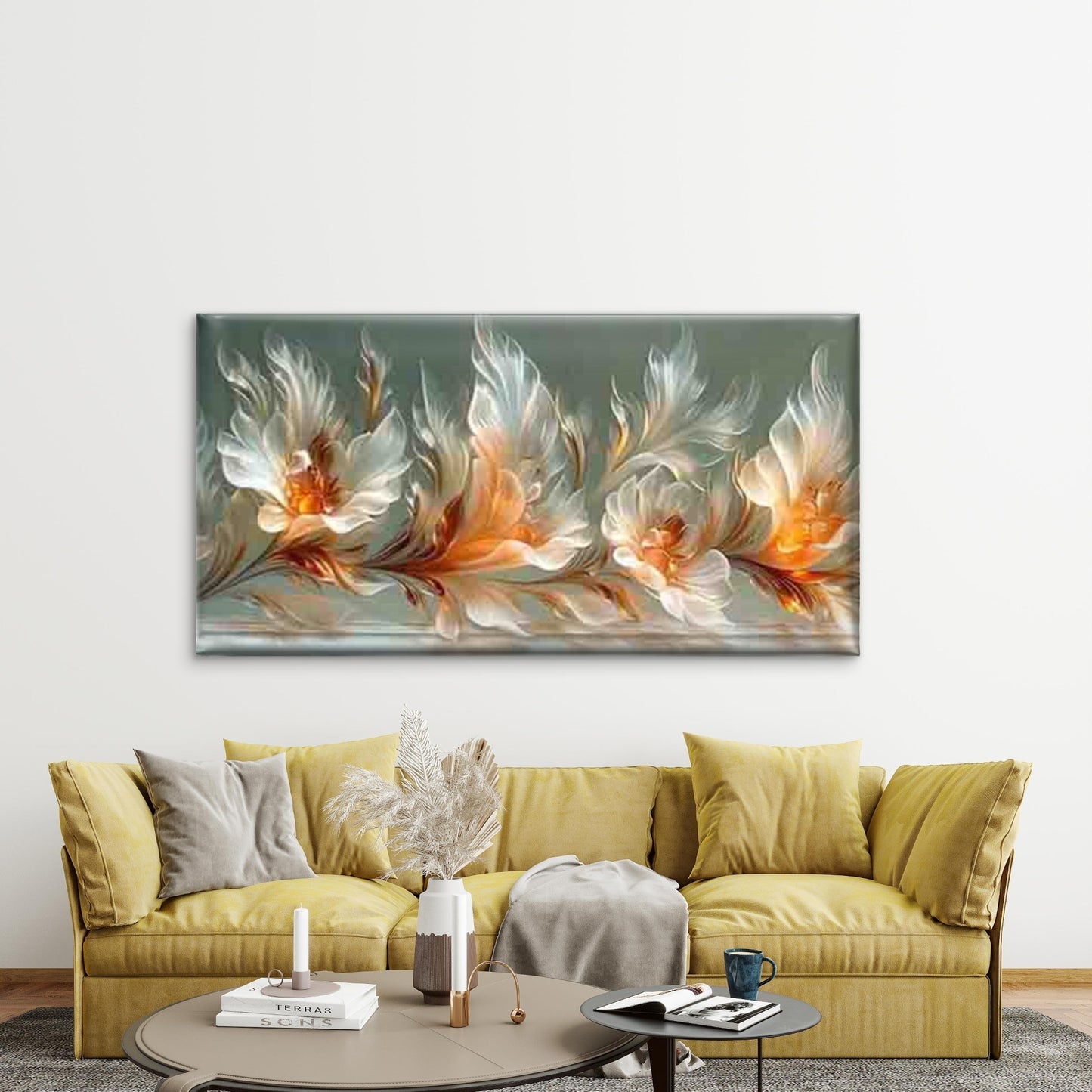 White and Orange Floral Design Wall Art Canvas Office Home Room Framed 120x60cm - Bella Home Decor