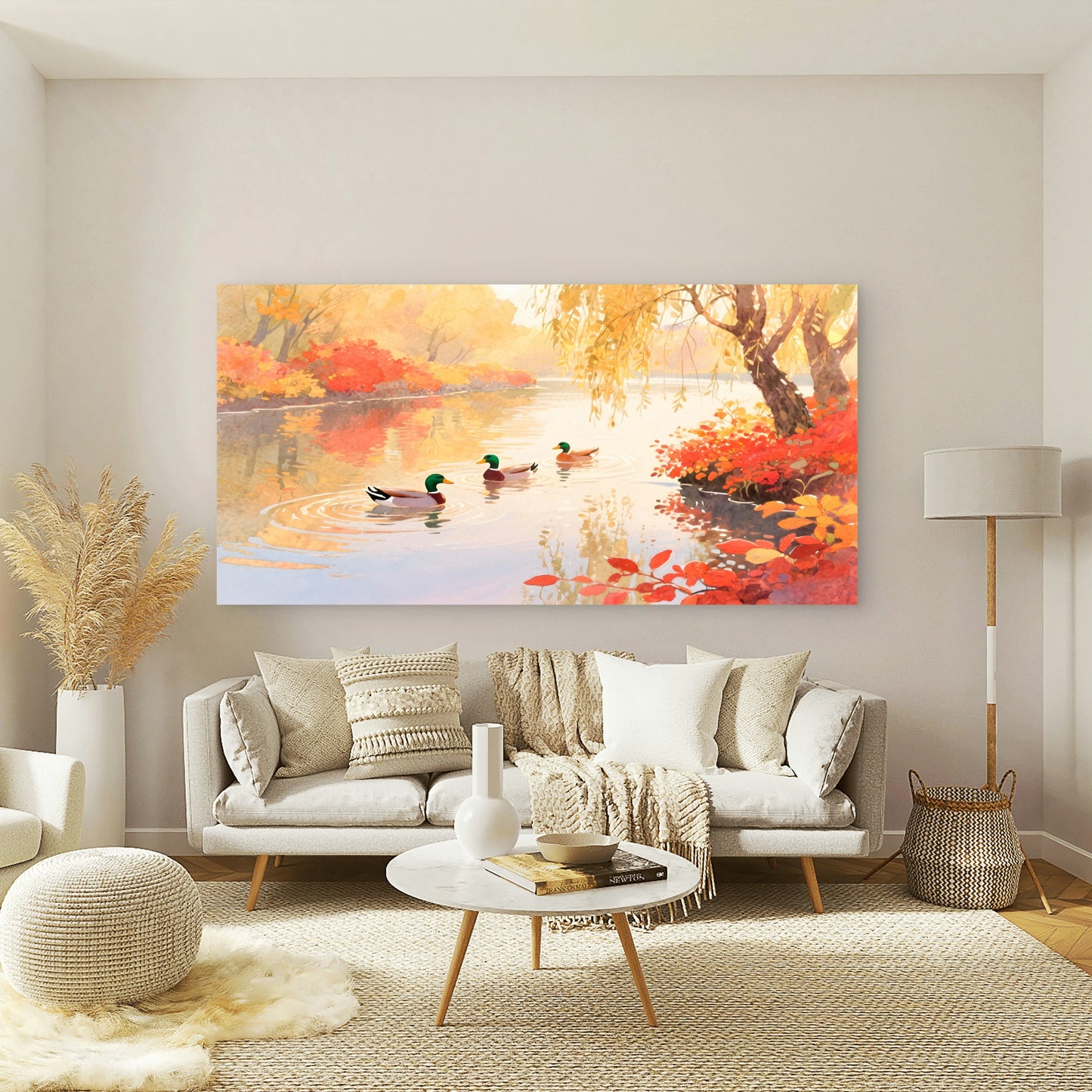 Ducks On A Calm Autumn Pond Wall Art Canvas Office Home Room Framed 120x60cm
