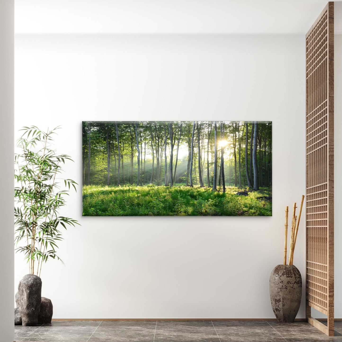 Sunbeams Pierce Forest Trees Wall Art Canvas Office Home Room Framed 120x60cm - Bella Home Decor