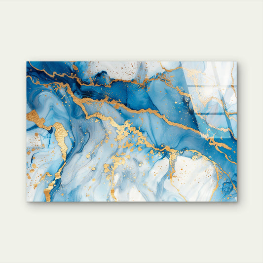Blue Fluid Art Gold Vein Glass Printing Wall Art Australian Made Quality