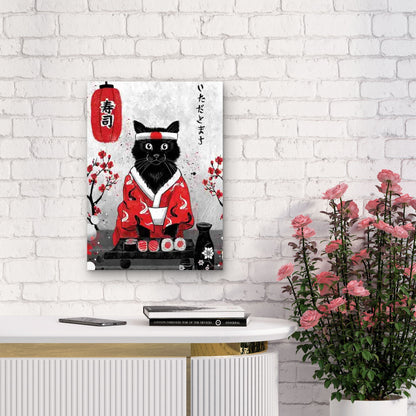 Black & White Cat, Sushi & Cherry Blossoms 60x90cm Metal Print Ready to Hang - Bella Home Decor