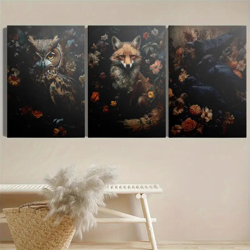 3pcs Featuring Owls, Foxes, Crows, And Floral Fore Metal Print Ready to Hang Art