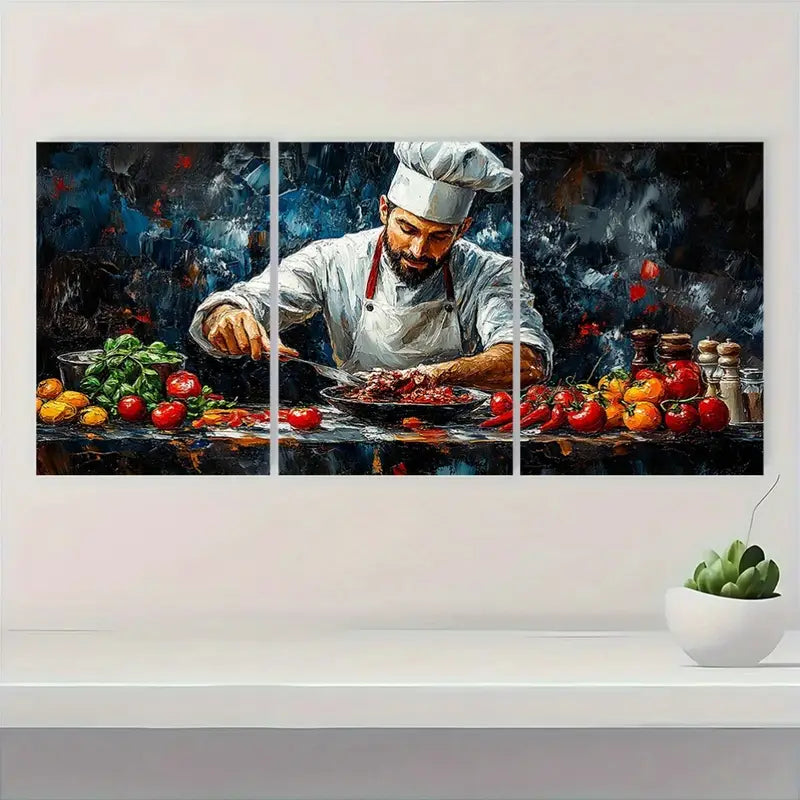 3pcs Vibrant Chef Cooking Scene Metal Print Ready to Hang Art