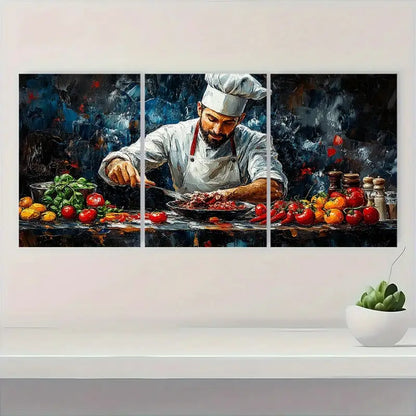 3pcs Vibrant Chef Cooking Scene Metal Print Ready to Hang Art
