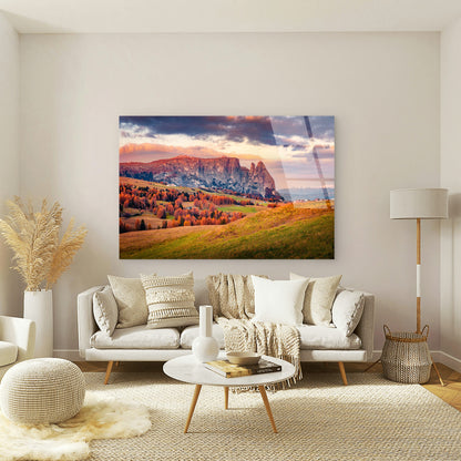 Autumn Alpine Meadows and Rocky Peak Sunset Photography Acrylic Glass Printing Wall Art Australian Made Quality