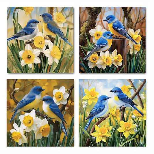 4pcs  Bluebirds and daffodils in the spring   Wall Art Canvas Framed