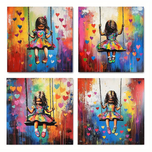 4pcs Girl On The Swing,Wall Art Canvas Framed