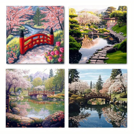4pcs Cherry Tree Gazebo Pon Wall Art Canvas Framed