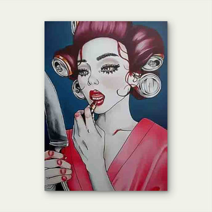 Classic Red Lips & Curly Hair Portrait Metal Print Ready to Hang - Bella Home Decor