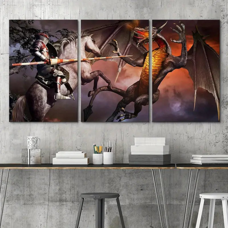 3pcs Armored Knight Jousting Magic Dragon Fantasy Metal Print Ready to Hang Art - Bella Home Decor