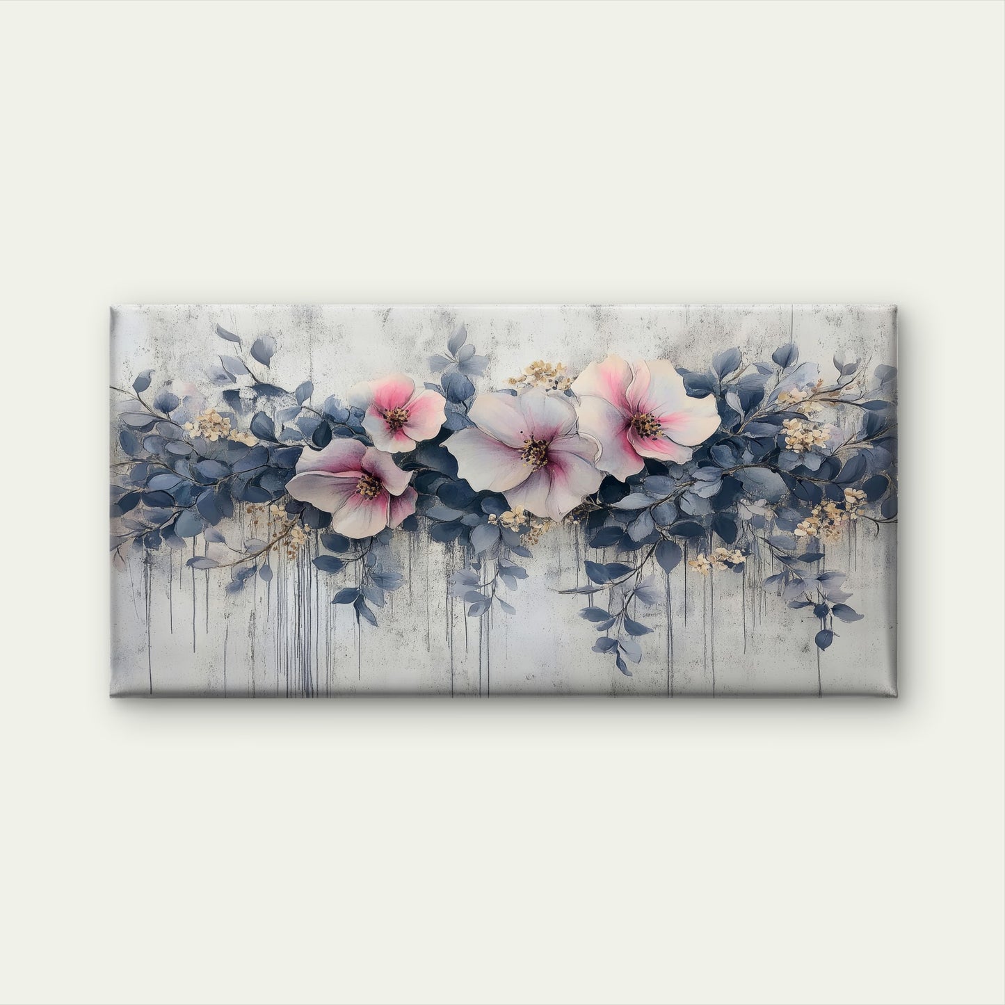 Abstract Pink Flower Blue Foliage Wall Art Canvas Office Home Framed 120x60cm