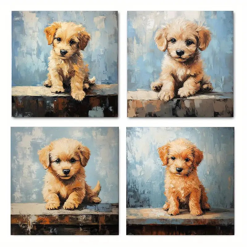4pcs Chic Cute Dog Scenic Photography Decor Wall Art Canvas Framed