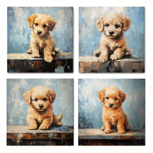 4pcs Chic Cute Dog Scenic Photography Decor Wall Art Canvas Framed