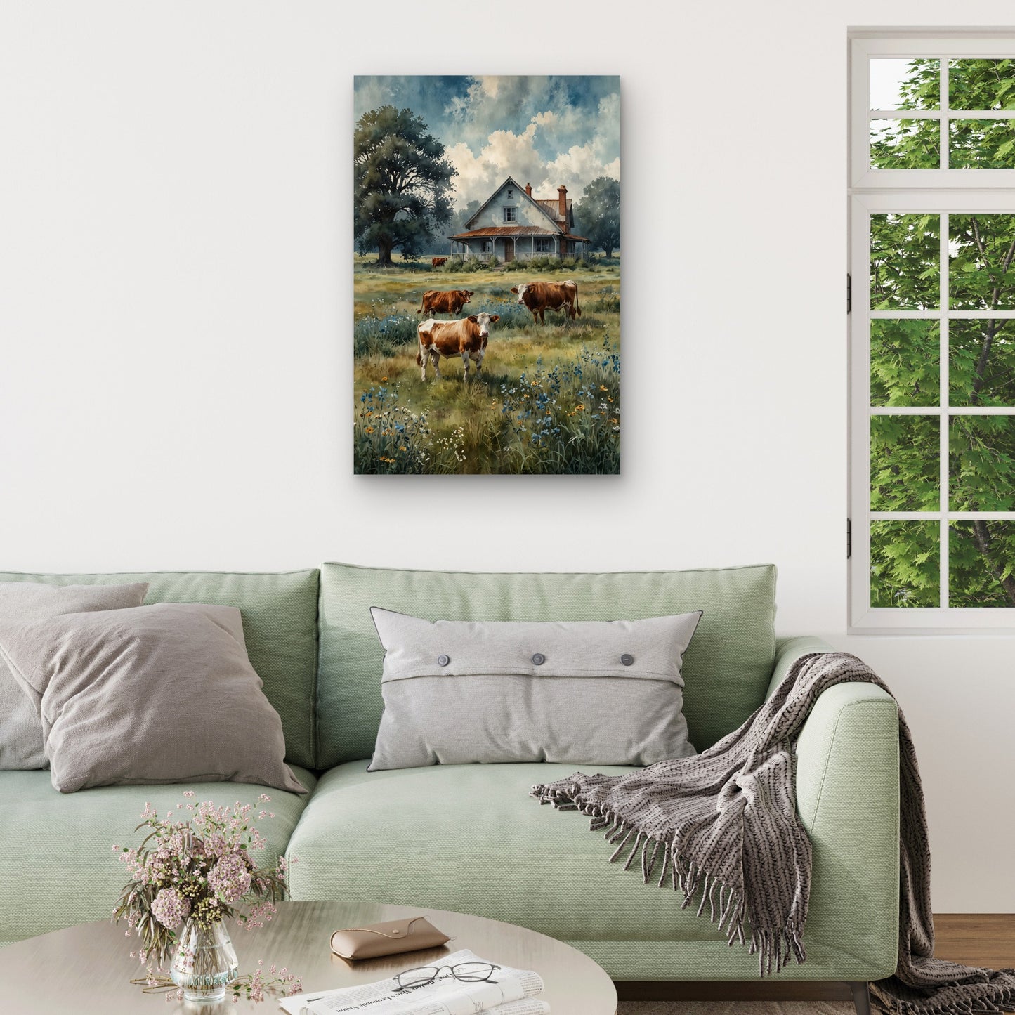 Watercolor of Rustic Farm with Grazing Cows 40x60cm Metal Print Ready to Hang