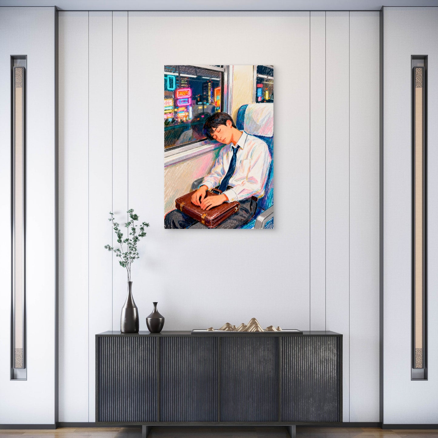 Young Man Asleep on Evening Train Commute 40x60cm Metal Print Ready to Hang