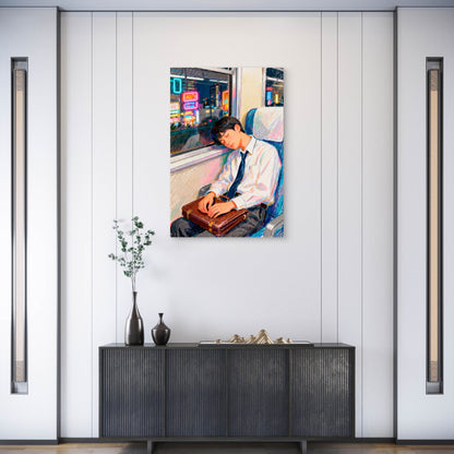 Young Man Asleep on Evening Train Commute 60x90cm Metal Print Ready to Hang