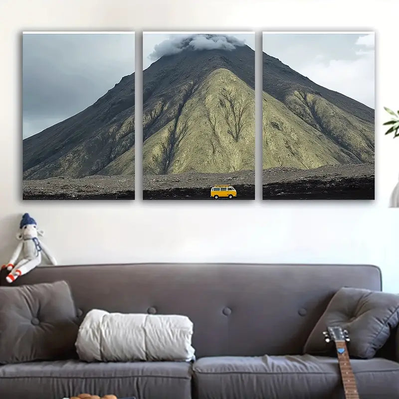 3pcs Kombi Yellow Van Mountain Desert Road Wall Art Set Canvas Framed 60x90cm - High Quality Print 100% Australian Made Wall Canvas Ready to Hang