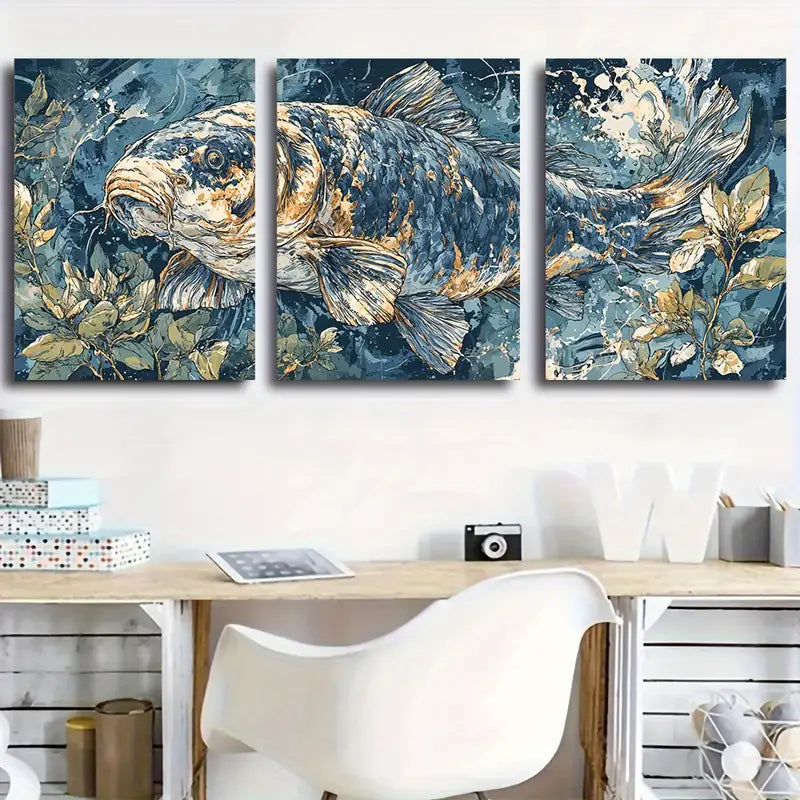 3pcs White Golden Koi Fish With Metallic Golden Metal Print Ready to Hang Art
