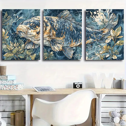 3pcs White Golden Koi Fish With Metallic Golden Metal Print Ready to Hang Art
