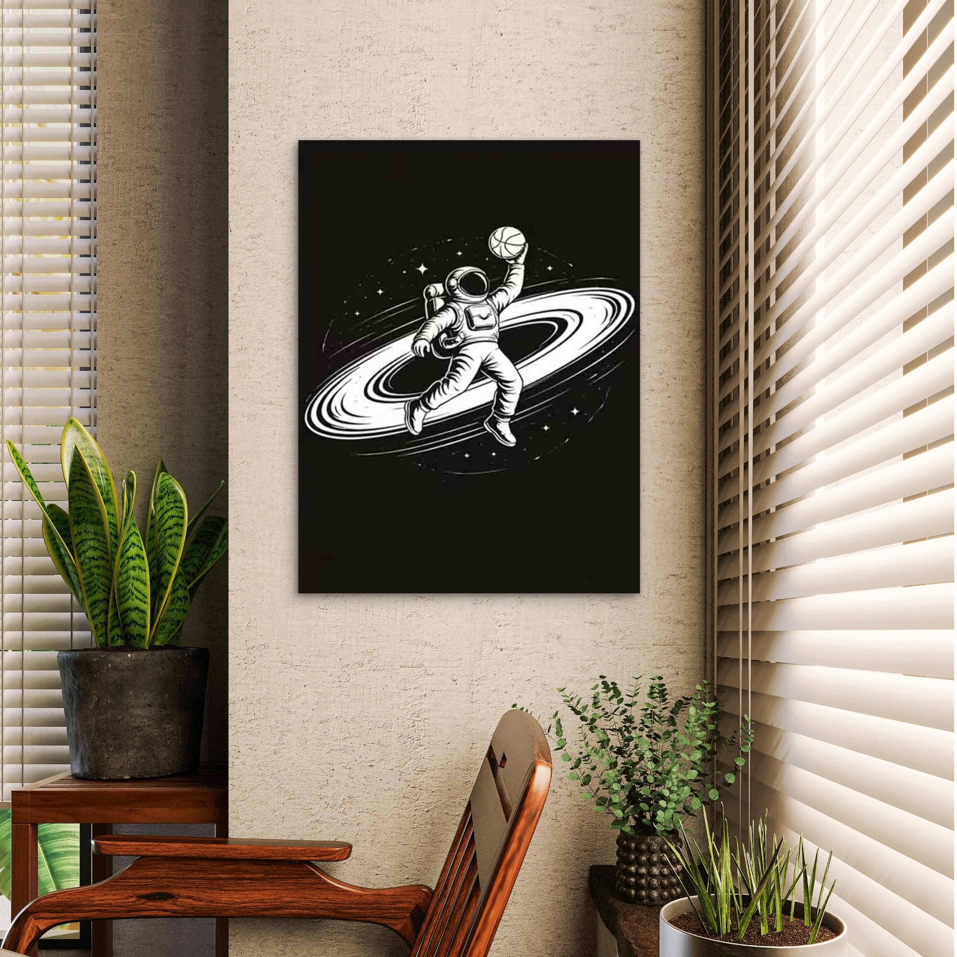 Astronaut Playing Basketball 60x90cm Metal Print Ready to Hang - Bella Home Decor