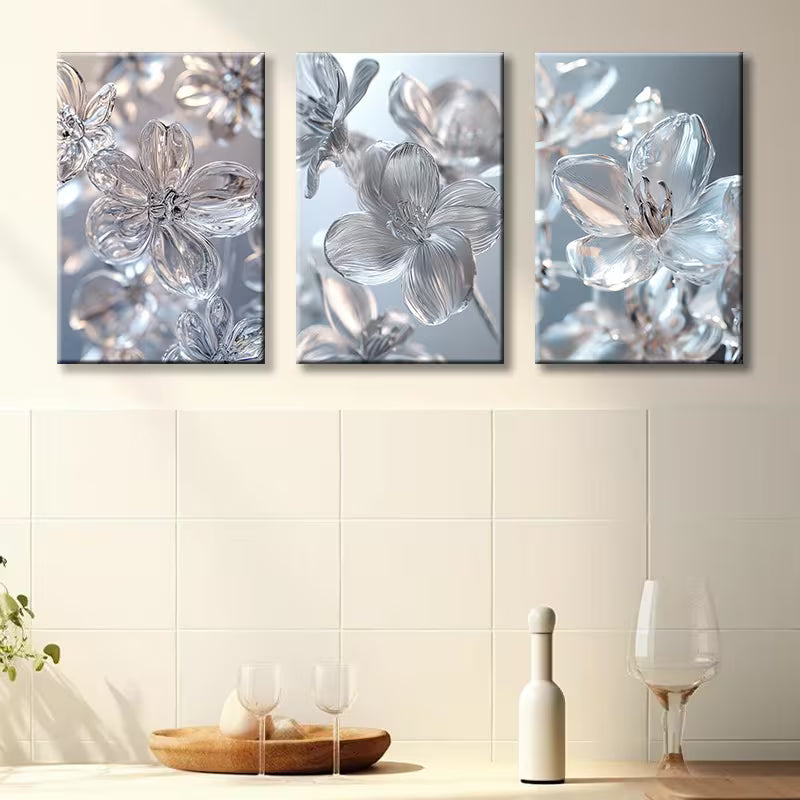 3pcs Clear glass crystal flowers Wall Art Set Canvas Framed 40x60cm - High Quality Print 100 % Australian Made Wall Canvas Ready to Hang - Bella Home Decor
