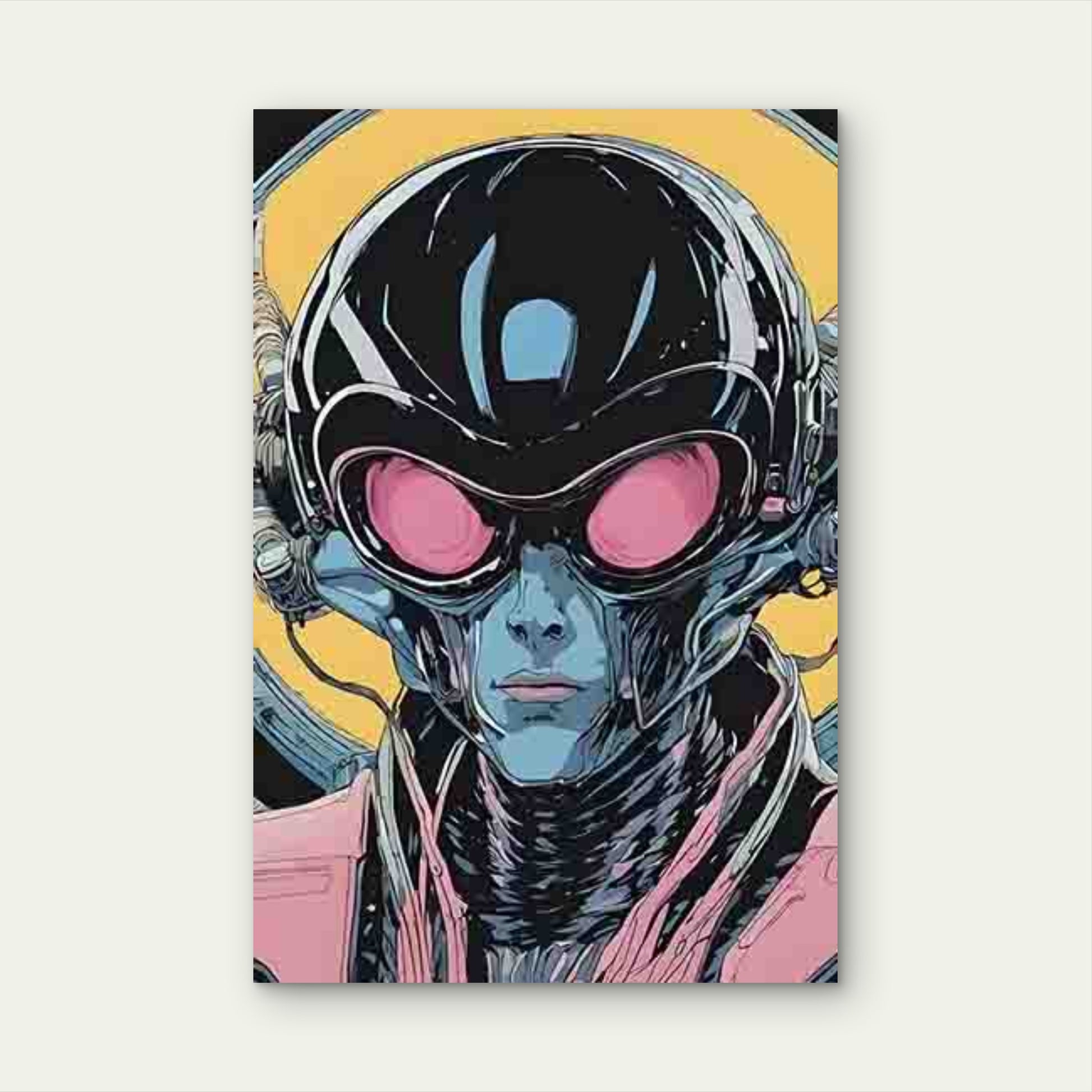 Sci-Fi Style, Black Helmet And Pink Goggles 60x90cm Metal Print Ready to Hang