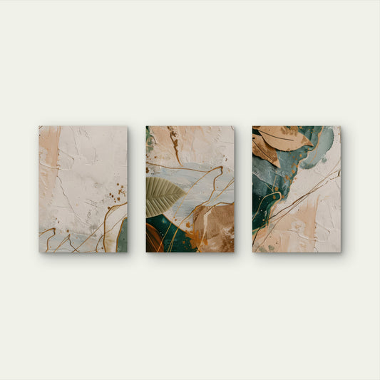 3pcs Modern Green Beige Abstract Leaf Art Wall Art Set Canvas Framed 60x90cm - High Quality Print 100% Australian Made Wall Canvas Ready to Hang