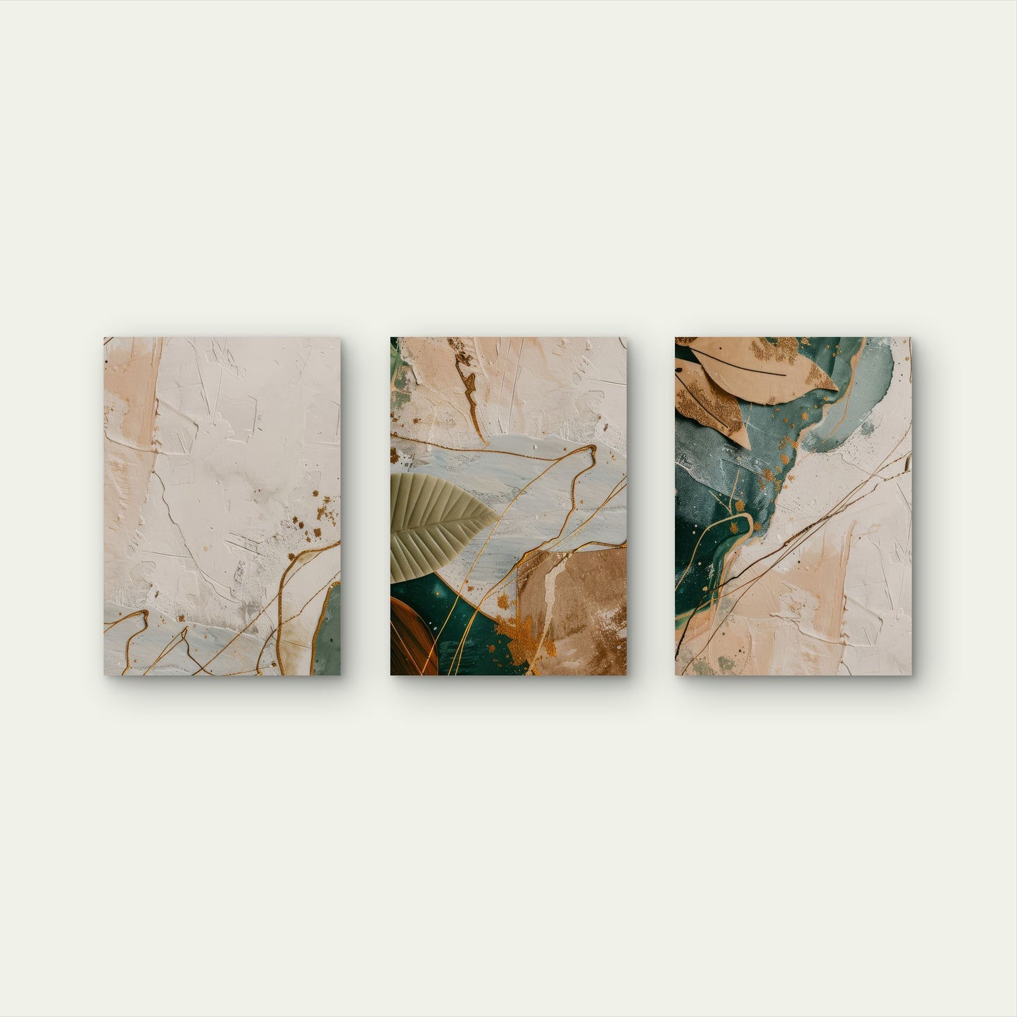 3pcs Modern Green Beige Abstract Leaf Art  Wall Art Set Canvas Framed 50x70cm - High Quality Print 100% Australian Made Wall Canvas Ready to Hang
