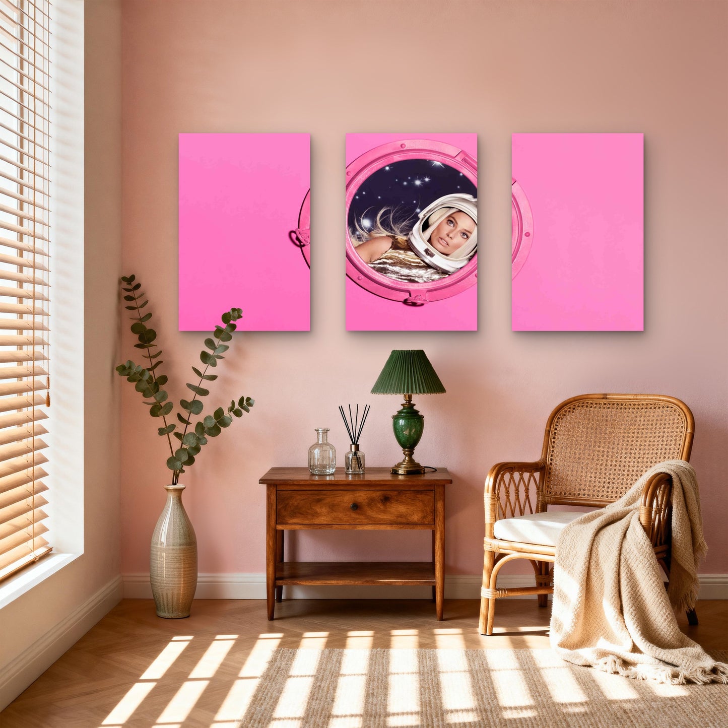 3pcs Retro Pink Porthole Female Astronaut Space Metal Print Ready to Hang Art