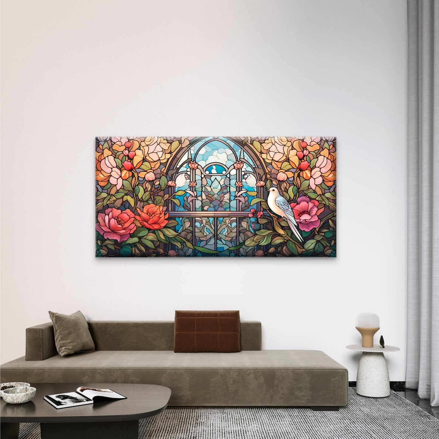 White Bird Floral Arch Wall Art Canvas Office Home Room Framed 120x60cm