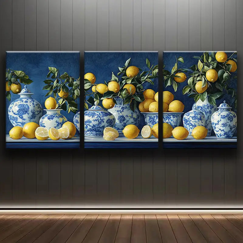 3pcs Vintage Blue And White Porcelain Vases With L Metal Print Ready to Hang Art