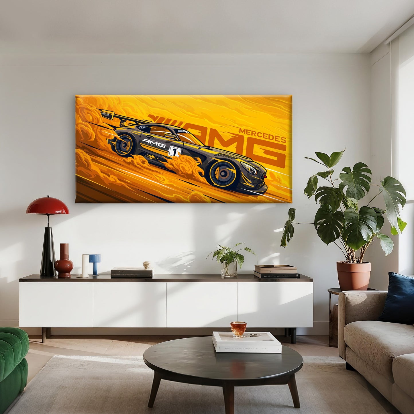 Yellow Cornering Hypercar Wall Art Canvas Office Home Room Framed 120x60cm - Bella Home Decor