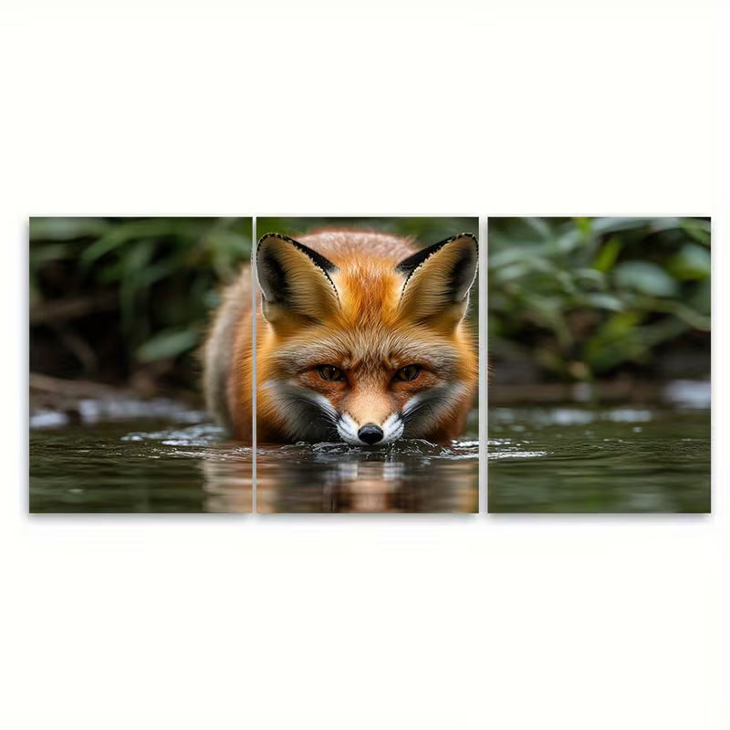 3pcs Curious Wild Fox Drinking from River Metal Print Ready to Hang Art - Bella Home Decor