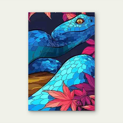 Blue-Scaled Snake with Pink Maple Leaves 60x90cm Metal Print Ready to Hang - Bella Home Decor